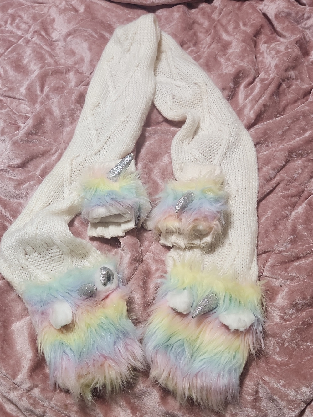 Kids Rainbow Faux-Fur Unicorn Hand Warmer Scarf And Fingerless Gloves